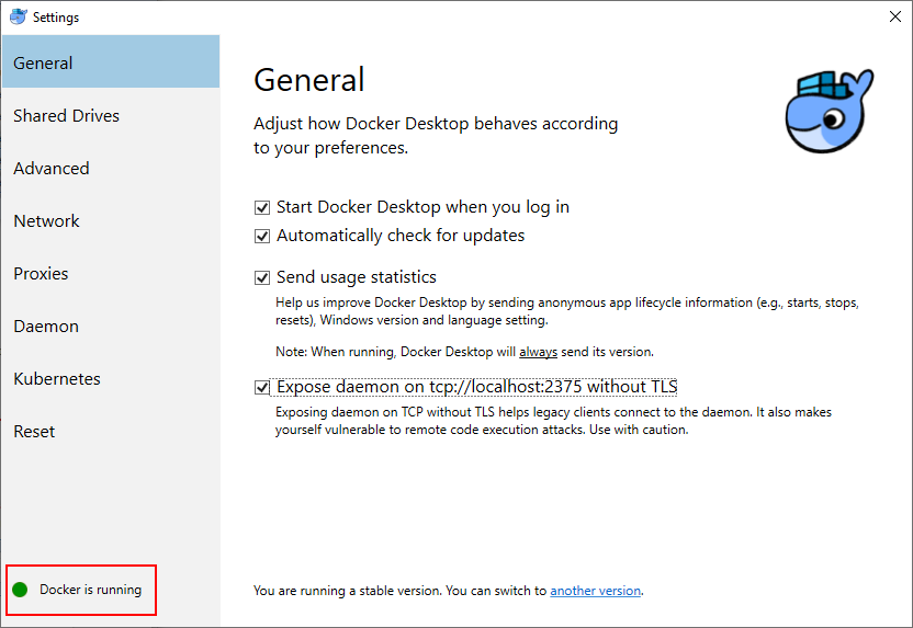 Docker Settings > Docker is running