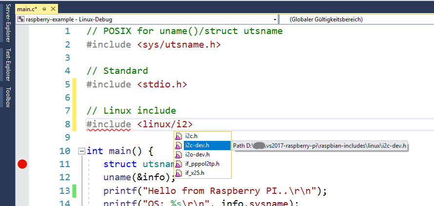 IntelliSense Linux Header