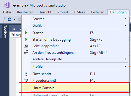 Menü Debuggen > Linux Console