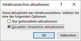 Word 2016 - Verzeichnis aktualisieren